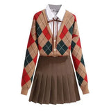 women Autumn Winter Korean Sweet 3 Piece Set Preppy Style White Blouse+Plaid Vintage Knitted Cardigan+Pleated Skirts Sets