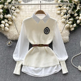 Fongt Style High-Level Sense Of Light Luxury Lady Suit Autumn And Winter Solid Color Loose Long-Sleeved Shirt + Knitted Vest