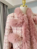 Winter Pink Warm Thick Tweed Two Piece Sets For Women High Quality Elegant Wool Blend Patchwork Plaid 2 Piece Skirt