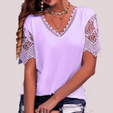 Fongt Women's T-Shirt Burst Lace Splicing Loose V-Neck Short-Sleeved T-Shirt