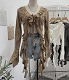 Fongt Wasteland Wind Irregularly Drifted With Lotus Leaf Edge Strap With Hole Open Shirt Short Long Sleeves 9256