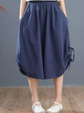 Pants Elastic Waist Large Drawstring Pocket Women's Summer Breeches Middle Waist Casual Solid Color Wide Leg Cropped