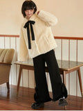 Kawaii Warm Wool Pants Women Korean Style Sweet Wide-legged Pants Female Bow Loose Casual Elegant Cute Pants Winter