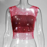 Fongt Nightclub Dresses Fishnet Hollow Out Rhinestone Vest Mesh Flash Diamond Sling Top
