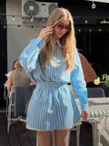 Fongt Women's Dress Design Long-Sleeved Striped Shirt Tightly Shorts Set