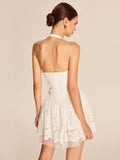 Fongt New Women's White Lace Dress French Sleeveless Hanging Neck V-Neck Dress
