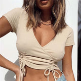 Ladies Solid Slim Basic T-shirts Short Sleeve V Neck Ruched Drawstring Ribbed Crop Top Women Club Fashion Stylish