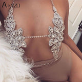 Quality Rhinestone Flower Style Camis Women Sexy Metal Chain Hollow Out Party Crop Tops Summer Nightclub Silver Tank