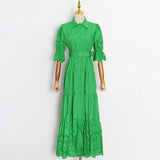 Hollow Out 2022 Dress For Women Lapel Short Sleeve High Waist Sashes Solid Long Dresses Female Fashion New