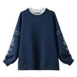 Color Printed Thick Sweatshirts Women's Clothing Autumn Winter Korean Patchwork Loose Long Sleeve Lace Round Neck Pullover-Outfit