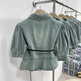 Short Sleeve Denim Shirt Women New Casual Single-Breasted Slim Top with Belt Short Denim
