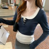Lace Lace Long-Sleeved T-Shirt Women's Early Spring New Style Slim And Slim Fake Two Inner