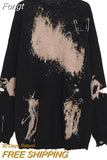Women Tie Dye Gradient Print Crew Neck Loose Ripped Hole T-shirt Tops 2023 Autumn Korean Pattern Pullover Tee Tops