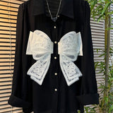 Women's Clothing Fashion Bow Lace Patchwork Blouse Sweet Commute Chic Single-breasted Spring Autumn Korean Polo-Neck Loose Shirt-Outfit