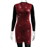 Fongt Women's Mesh Flash Diamond Round Collar Dress