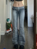 Dark Y2k Low Waist Punk Do Old Women Jeans Punk Gothic Fall Flare Denim Pants With Sashes Gothic Eyelet Patchwork