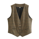 Fongt New Women's Retro V-Neck Sleeveless Single Breasted Short Bump Color Thousand Bird Case Vest Vest-Outfit