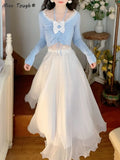 Blue France Kawaii Blouse Female 2022 Lace Bow Casual Cute Sweet Blouse Women Long Sleeve Top Korean Style Clothing