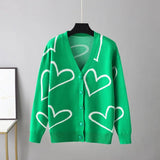 Women's Knitting Print Sweater Color Heart Single-Breasted Button Loose Casual Knitted Cardigan Sweaters Autumn V-neck