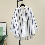 Fongt 2025 Spring And Autumn New Korean Version Of Small Fresh Cardigan Striped Print Single Pocket Loose Long-Sleeved Shirt Woman