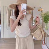 Silk V-Collar Vest Women Draw Rope Waist Design Sense Minority Summer 2024 New Chic Sweater T-Shirt-Outfit