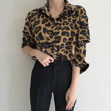 Fongt Chic Autumn Vintage Leopard Print Collar Single Buckle Loose Leisure Long-Sleeved Shirt Topess