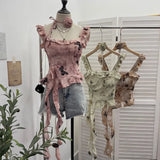 Fongt Shoot French Retro Irregular Lotus With Chest Cushions With Ribbon Sling Vest Summer Chiffon Top 9137
