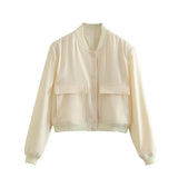 Fongt New Women's Fashion French Big Pocket Short Autumn Bomber Jacket Jacket