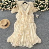 Fongt High-End Elegant Dress Women Fashion Heavy Industry Embroidery Stender V Collar Waist Temperament Court Style Long Dress