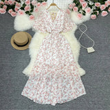 Fongt Wind Temperament Sweet Broken Flower V Collar Dress Beach Vacation Snow Spinning A Word Long Skirt-Outfit