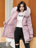 Hooded Jacket Woman Warm Fur Lining Cotton Padded Parka Female Drawstring Basic Coat Windproof Women Jacket