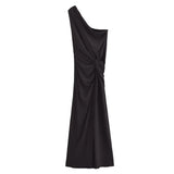 Fongt Autumn New Women's Decoration Body Black Asymmetric Design Temperament Long Dress