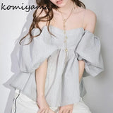 Jacquard Shirts & Blouses Puff Short Sleeve Blusas Off Shoulder Camisas 2 Ways Wear Ropa Mujer 2024 Summer Tops-Outfit