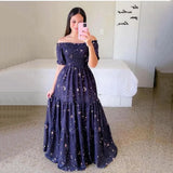 Fongt New Spring And Summer Women's Dress A Word Broken Shoulder Long Printed Fairy