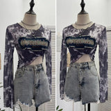 Fongt Shooting Hottie Perspective Dye Mesh Spliced Denim Long-Sleeved Shirt T-Shirt T-Shirt 26121