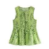 Fongt Trend-Print Collar Sleeveless Collar With Waistcoat Lady Casual Street Trousers Set