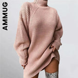 and Winter New Women's Knitwear Pullover Mid-length Raglan Sleeves Half Turtleneck Sweater Dress Loose and Soft-Outfit