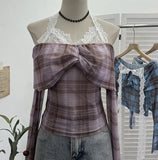 Fongt Hanging Neck Shoulder Mesh Yarn Long-Sleeved Top Design Y2k Short Repair T-Shirt 8070