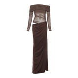 Fongt 2025 New Women's Temperament Sexy Shoulder Mesh Perspective Long Dress Dress Woman
