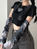 Grunge Fairycore Crop Top Women Short Sleeve Patchwork TShirt And Arm Gloves Female Streetwear Tie Dye Tee Goth Clothes-Outfit