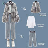 Autumn fashion suit women preppy student Korean loose plaid shirt jacket + T-shirt + jeans three-piece set trend