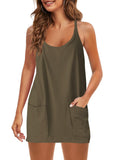 Fongt Summer Solid Sleeveless Dress Fine Shoulder Strap Vest Skirt Sports Skirt Pocket