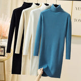 Office Lady Slim Pit Knitted Sweater Dress Long Sleeve Turtleneck Solid High Street Casual Dress 2021 Winter Fashion