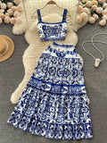 Fongt Blue And White Porcelain Printing Set Women's Summer Pure Desire To Bare Belt Slings Small Vest + High Waist Mid-Long Skirt