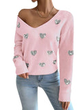 Fongt And Winter Valentine's Day Design Slid Love Embroidery V Collar Sweater Female Top