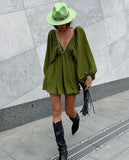 Fongt New V-Necked Long-Sleeved Dress Independent Design Bubble Sleeve Dress