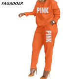 Long Sleeve Women Two Piece Solid Tracksuits Pink Letter Print O Neck Shirt & Casual Slim Pants Set Tracksuits
