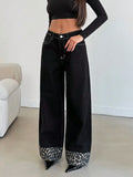 Fongt Straight Trousers Feet Spliced Leopard Trousers Babes Essential Personality Leopard Print Base Black High-Waisted Thin Jeans