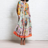 Fongt Women's New Retro Print Lantern Sleeve Waist Large Hem Dress