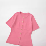 Style French Round Collar Single-Breasted Button Design Feeling Slim Hip Knitted Dress Women 3471011-Outfit